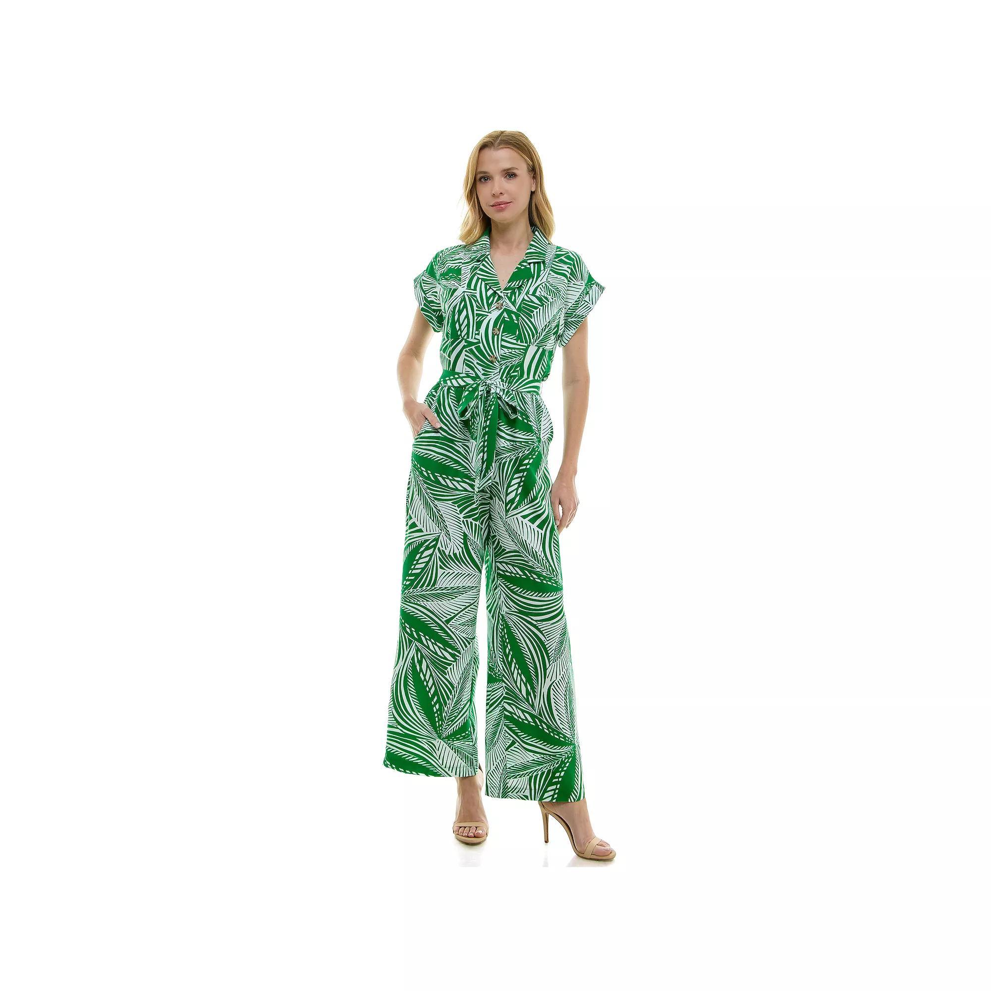 Women's Luxology Tie-Waist Front Pocket Jumpsuit, Size: Large, Green Cream Product Image