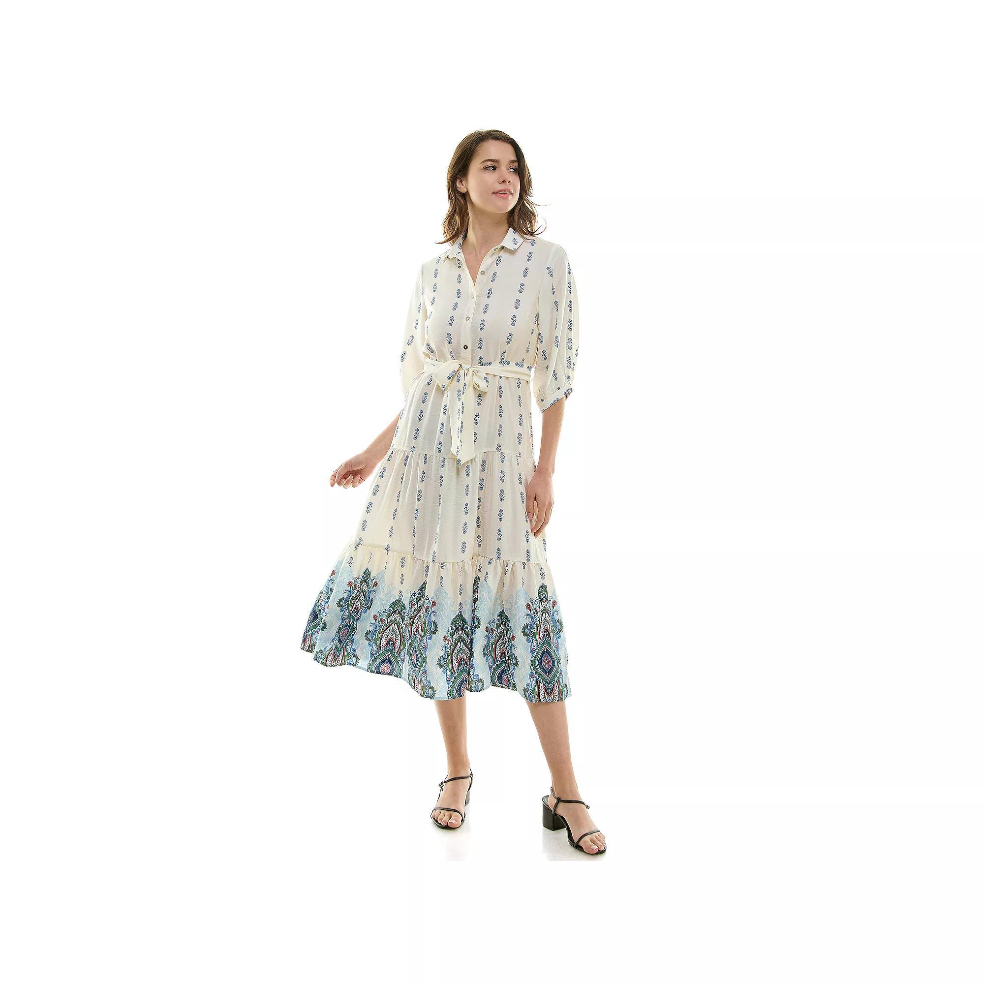 Women's Figueroa & Flower Button Front Belted Maxi Dress, Size: Large, Ivory Blue Product Image