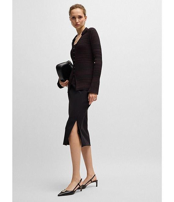 BOSS by Hugo Boss Focinta Solid Stretch Ribbed Knit Point Collar V-Neck Long Sleeve Cardigan Product Image