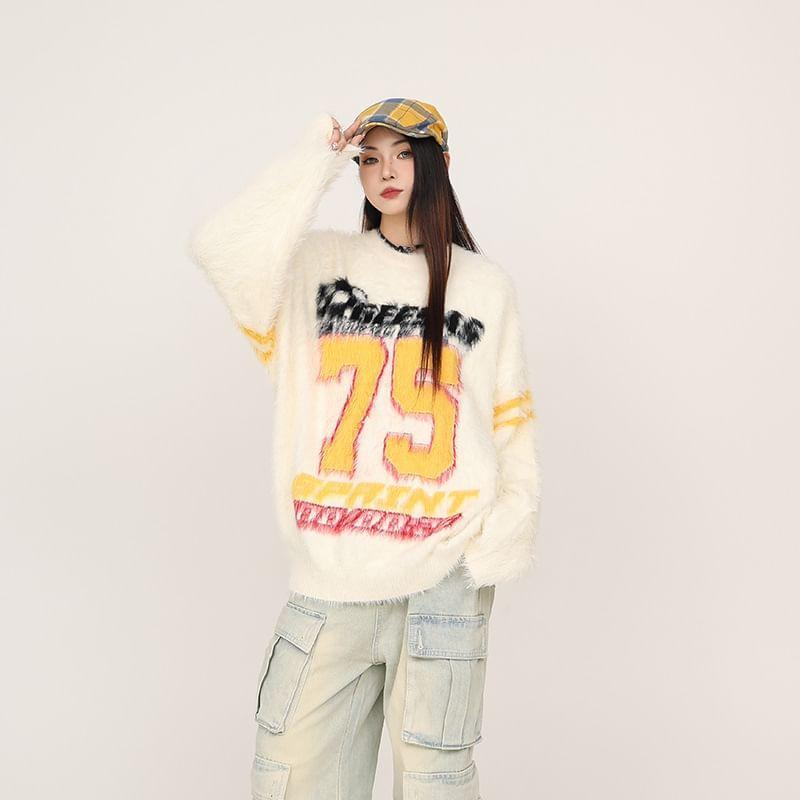 Long-Sleeve Crew Neck Numbering Sweater Product Image