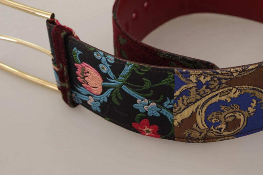 DOLCE & GABBANA Red Embroidered Leather Gold Logo Metal Buckle Belt In Multicolor Product Image