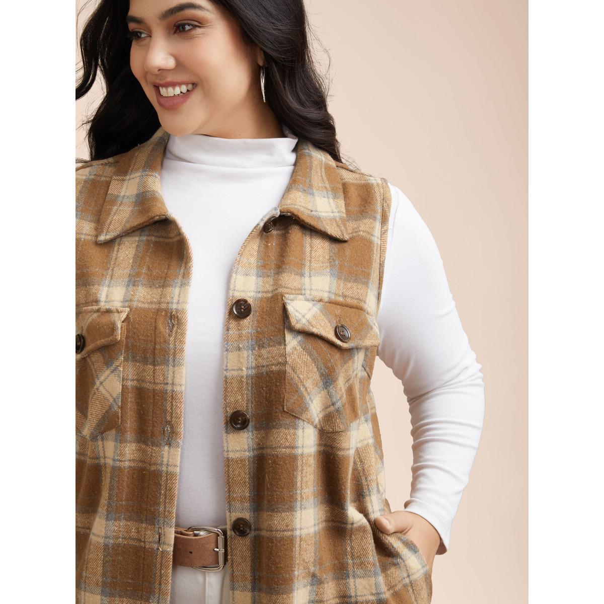 Plus Size Plaid Flap Detail Sleeveless Jacket Women Bronze Button Side seam pocket Everyday Jackets BloomChic 12/L Product Image