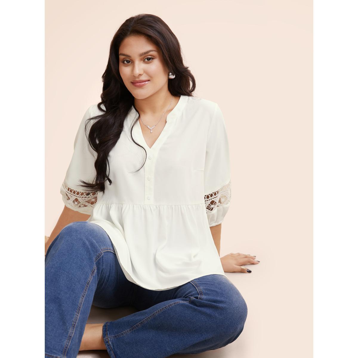 Plus Size WhiteSmoke Notched Patchwork Cut Out Lantern Sleeve Blouse Women At the Office Elbow-length sleeve Flat collar with V-notch Work Blouses BloomChic 10/M Product Image