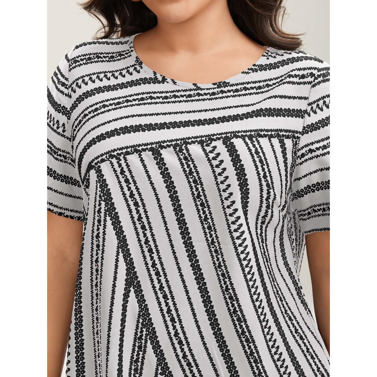 Plus Size Originalwhite Striped Overlap Print Curvy Hem Blouse Women Resort Short sleeve Round Neck Vacation Blouses BloomChic 22-24/3X Product Image