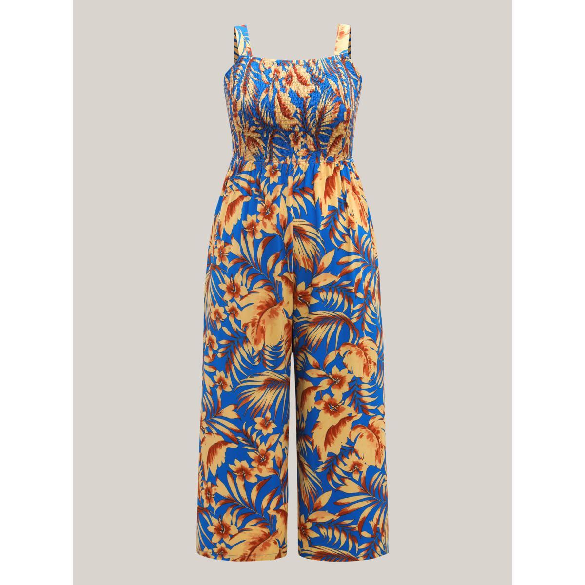 Plus Size Mediumblue Tropical Floral Print Pockets Jumpsuit Women Sleeveless Non Vacation Loose Jumpsuits BloomChic 14-16/1X Product Image
