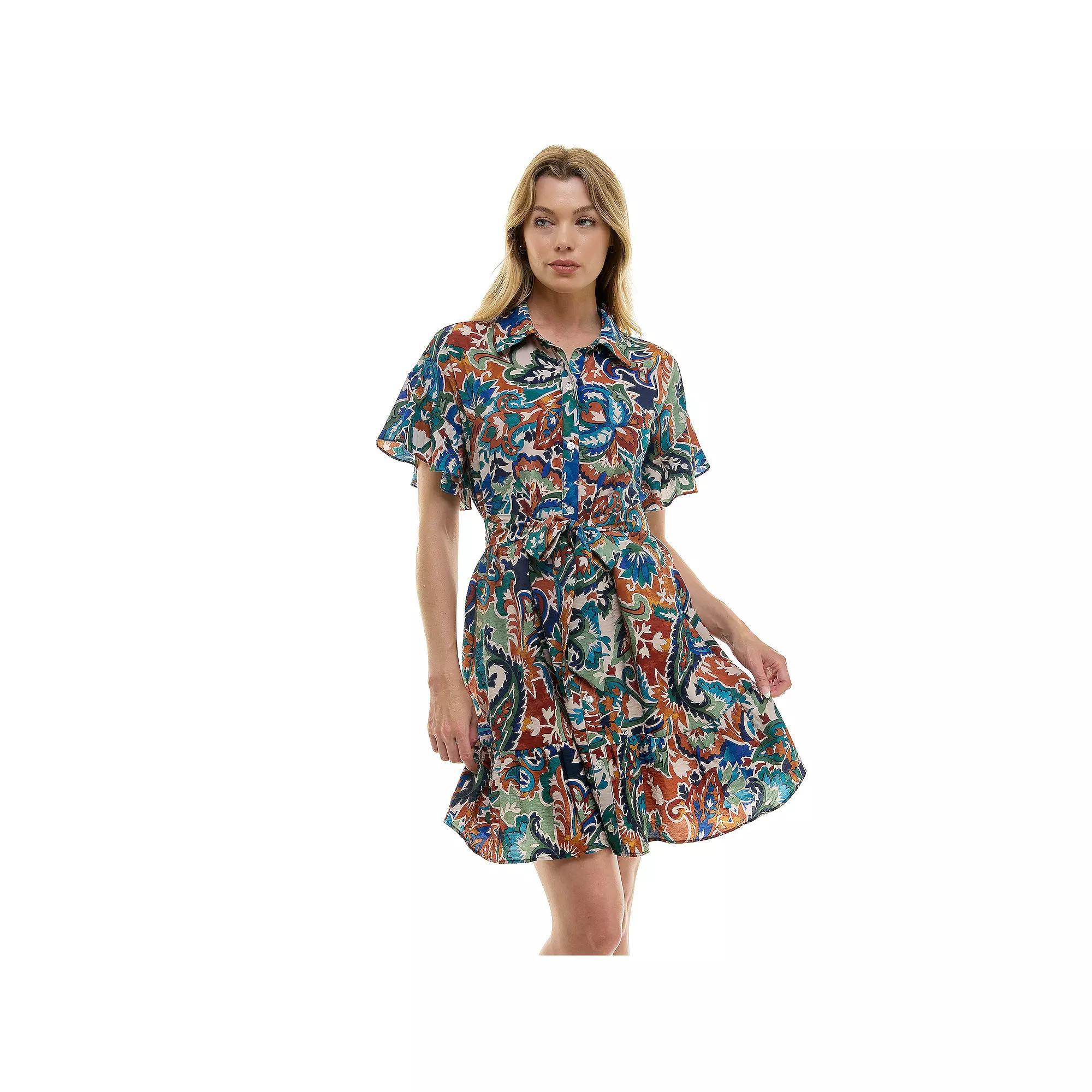 Women's Luxology Button Front Tie-Waist Dress, Size: Medium, Brown Blue Green Product Image