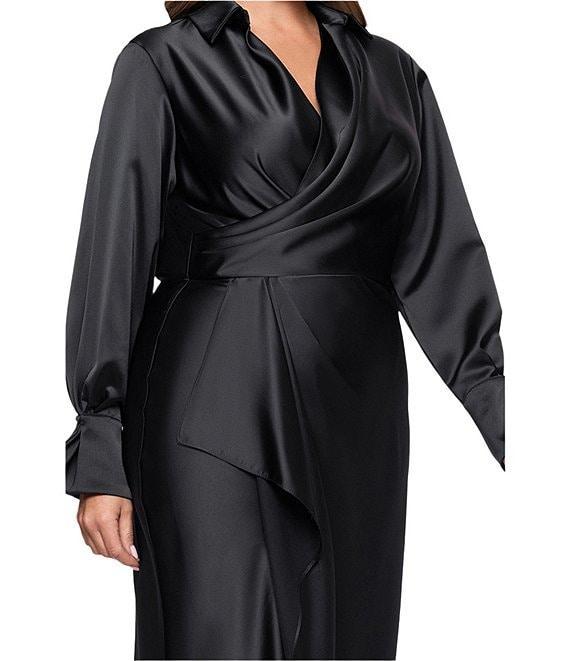 Xscape Plus Size Satin Long Sleeve Faux Wrap Gown Product Image