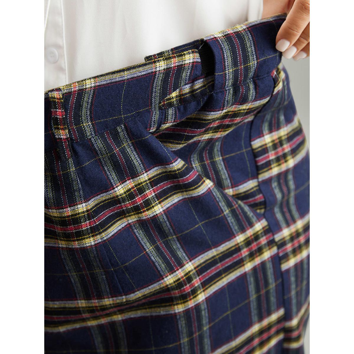 Plus Size Plaid Pocket Eyelet Belted Straight Leg Pants Women Indigo Office Straight Leg High Rise Work Pants BloomChic 18-20/2X Product Image