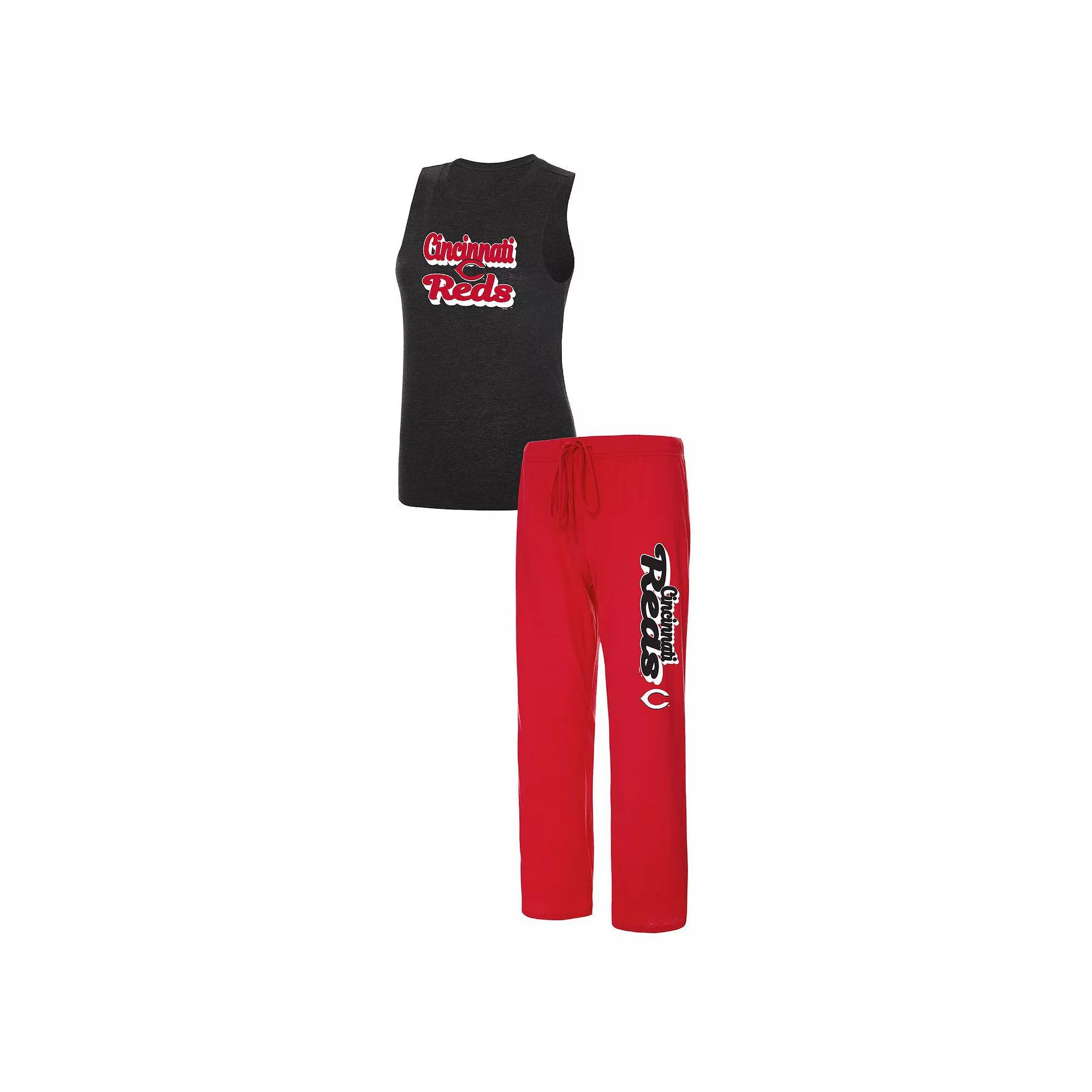 Women's Concepts Sport Red/Black Cincinnati Reds Wordmark Meter Muscle Tank Top & Pants Sleep Set, Size: Small, Red Red Product Image
