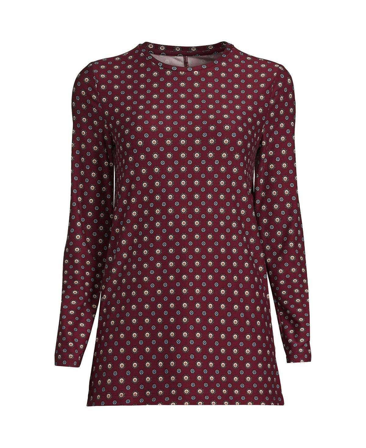 Petite Lands End Long Sleeve Performance Crew Neck Tunic, Womens Red Geo Product Image