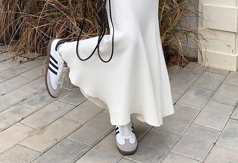 High Rise Plain Midi Mermaid Knit Skirt Product Image