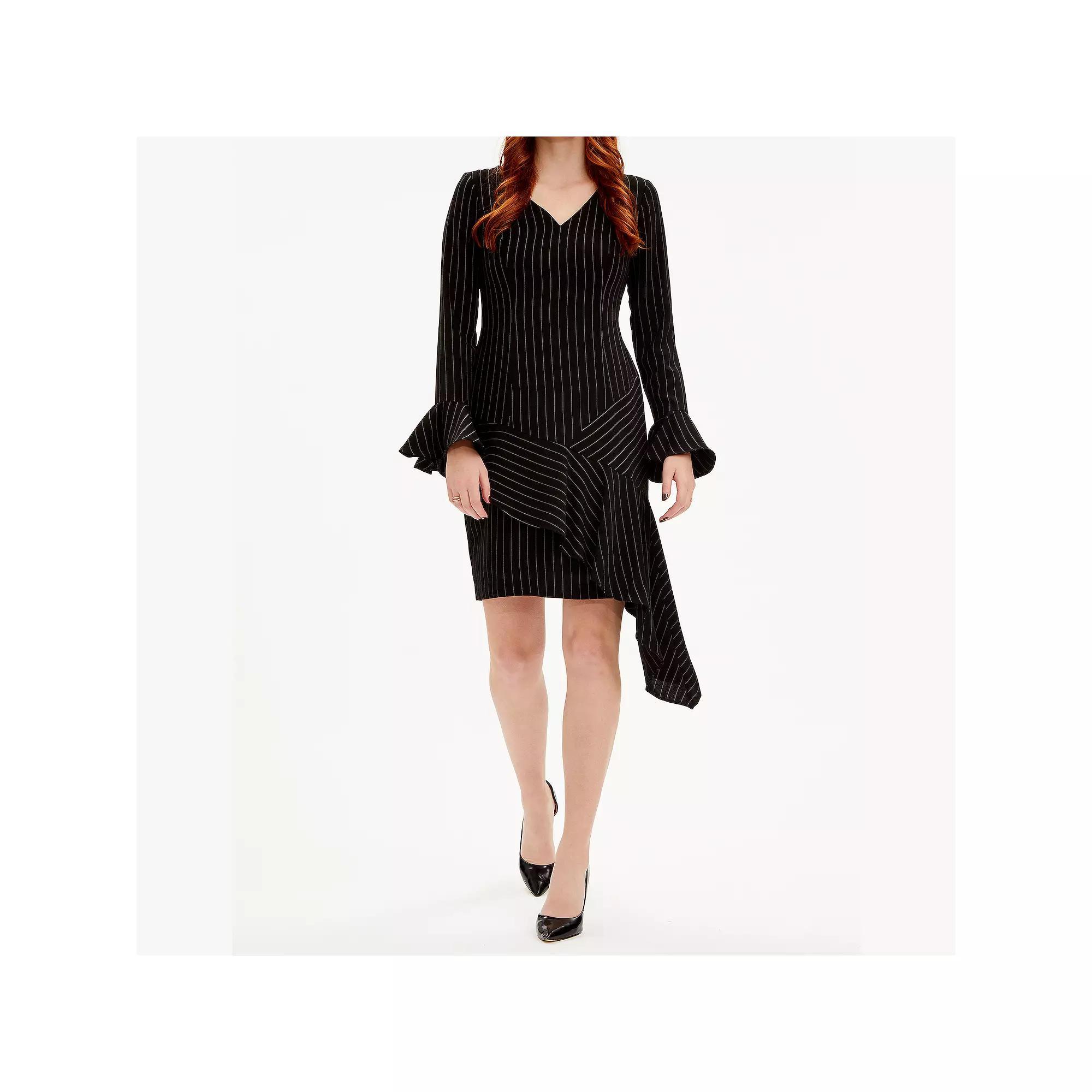 Women's Focus By Shani Pinstripe Asymmetrical Ruffle Hem Midi Dress, Size: 4, Black Product Image