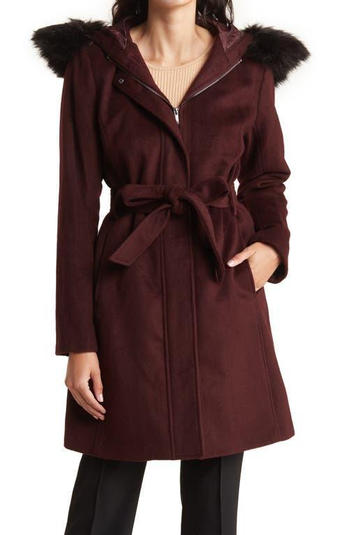 Cole Haan Womens Belted Faux-Fur-Trim Hooded Coat Product Image