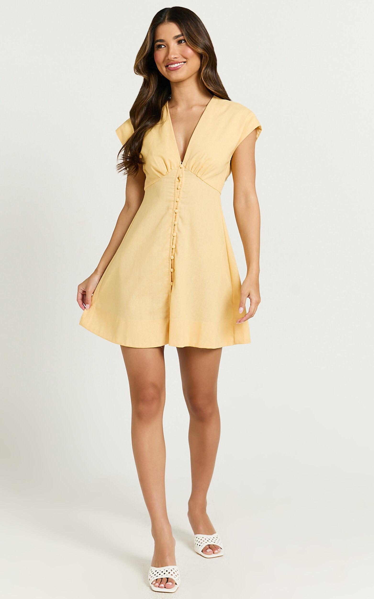 Tallulah Mini Dress - Linen V Neck A Line Dress in Lemon Product Image