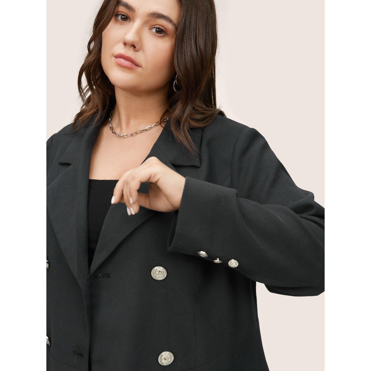 Plus Size Suit Collar Double Breasted Metal Detail Blazer Midnight Women Work Plain Non Sleeve Long Sleeve Suit Collar 12/L Slanted pocket At the Office Blazers BloomChic Product Image