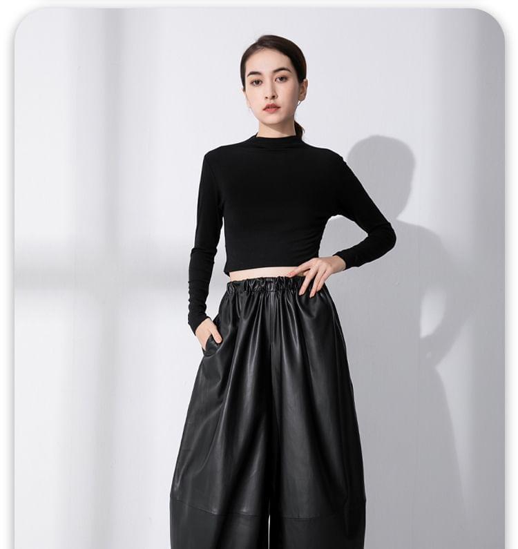High Rise Plain Faux Leather Cropped Wide Leg Pants Product Image