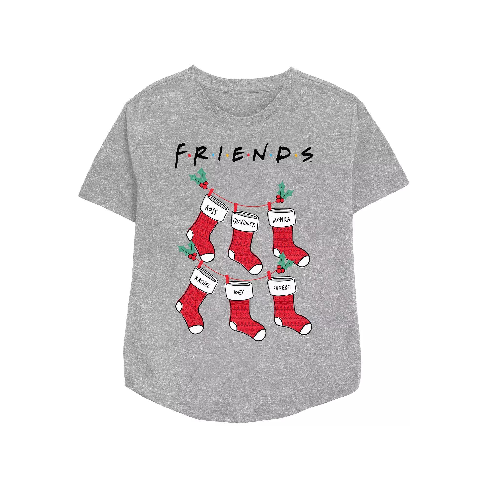 Women's Friends Christmas Stockings Relaxed Fit Graphic Tee, Size: Large, Athletic Grey Product Image