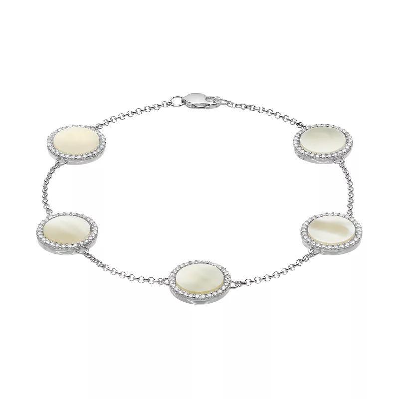Sterling Silver Mother-of-Pearl & Cubic Zirconia Halo Station Bracelet, Women's, Size: 7.5" Product Image