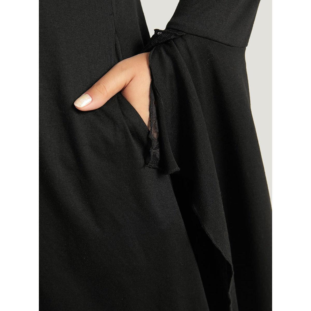 Plus Size Halloween Crochet Lace Round Neck Bell Sleeve Dress Black Women Casual Plain Round Neck Long Sleeve Curvy Knee Dress BloomChic 28/5X Product Image