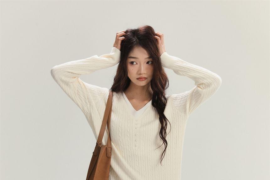 Long-Sleeve V-Neck Plain Button Accent Cable Knit Top Product Image