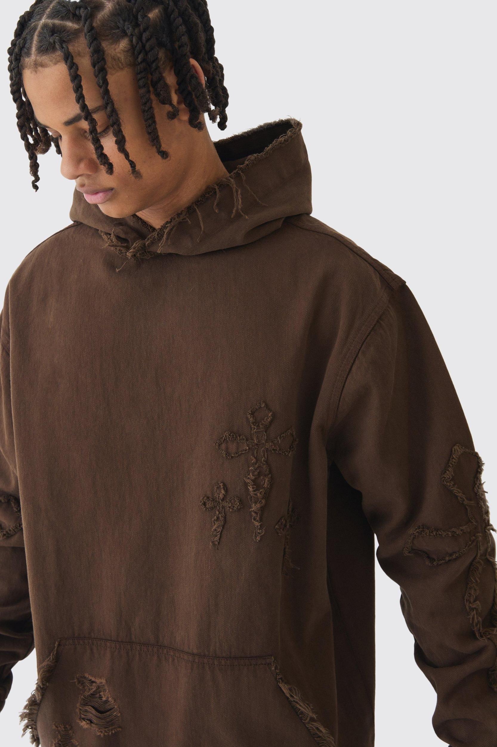 Oversized Denim Applique Cross Dirty Wash Hoodie | boohooMAN USA Product Image