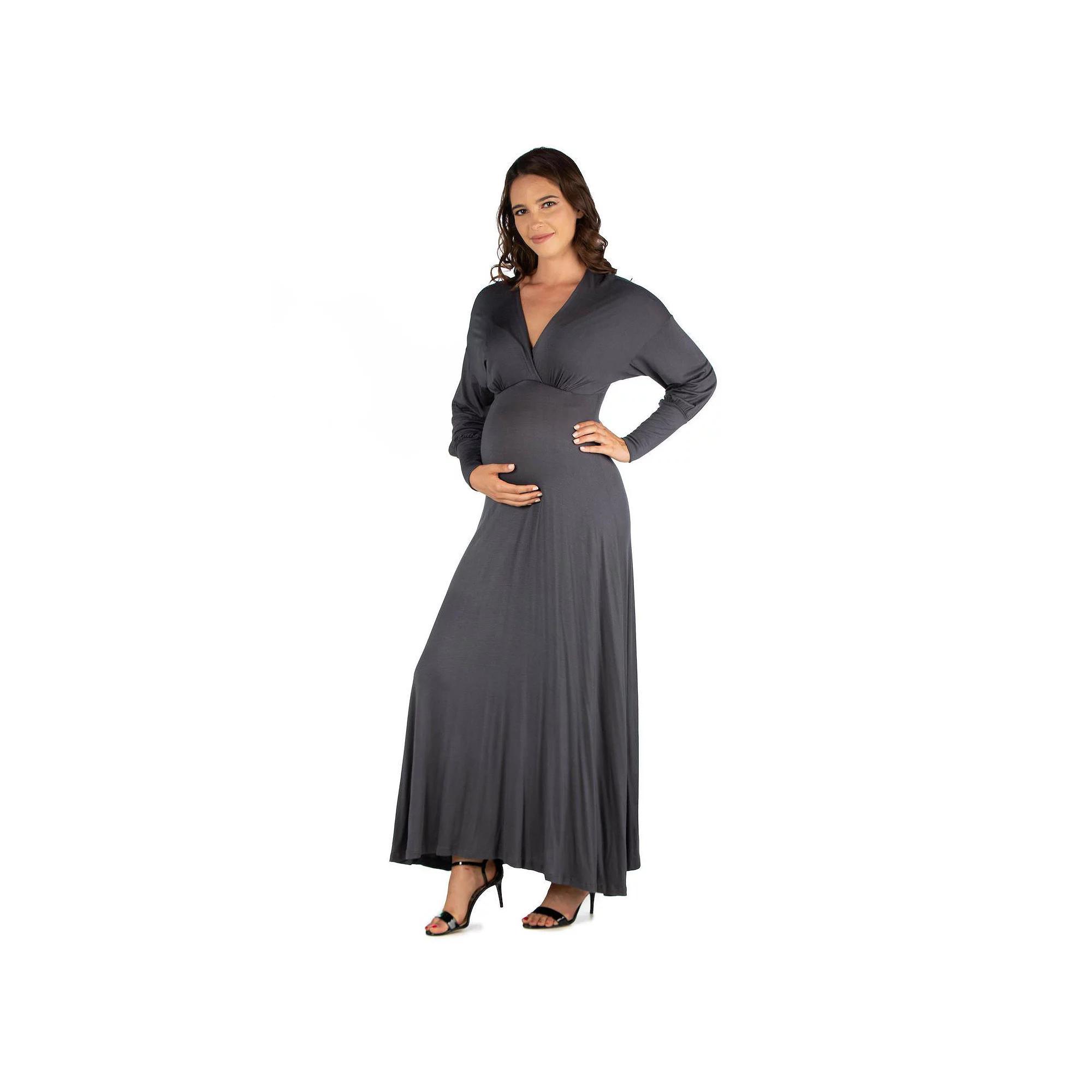 Maternity 24Seven Comfort Apparel V-Neck Long Sleeve Maxi Dress, Women's, Size: Small-Mat, Grey Product Image