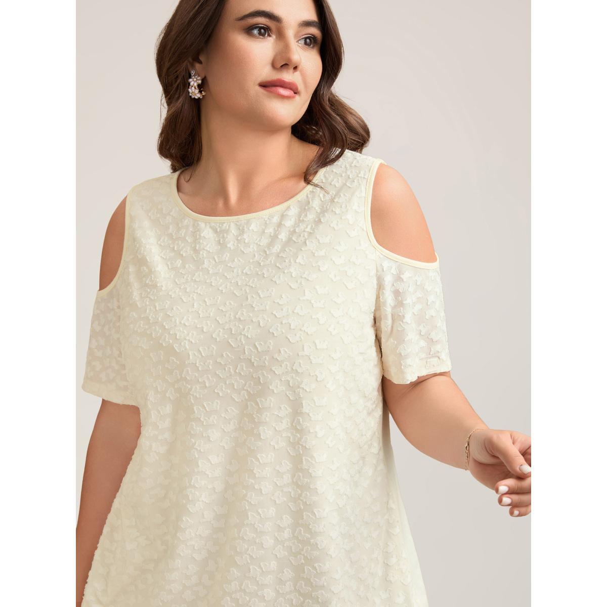 Plus Size Textured Off-Shoulder Lined T-Shirt Beige Women Elegant Texture Round Neck Everyday T-shirts BloomChic 12/L Product Image