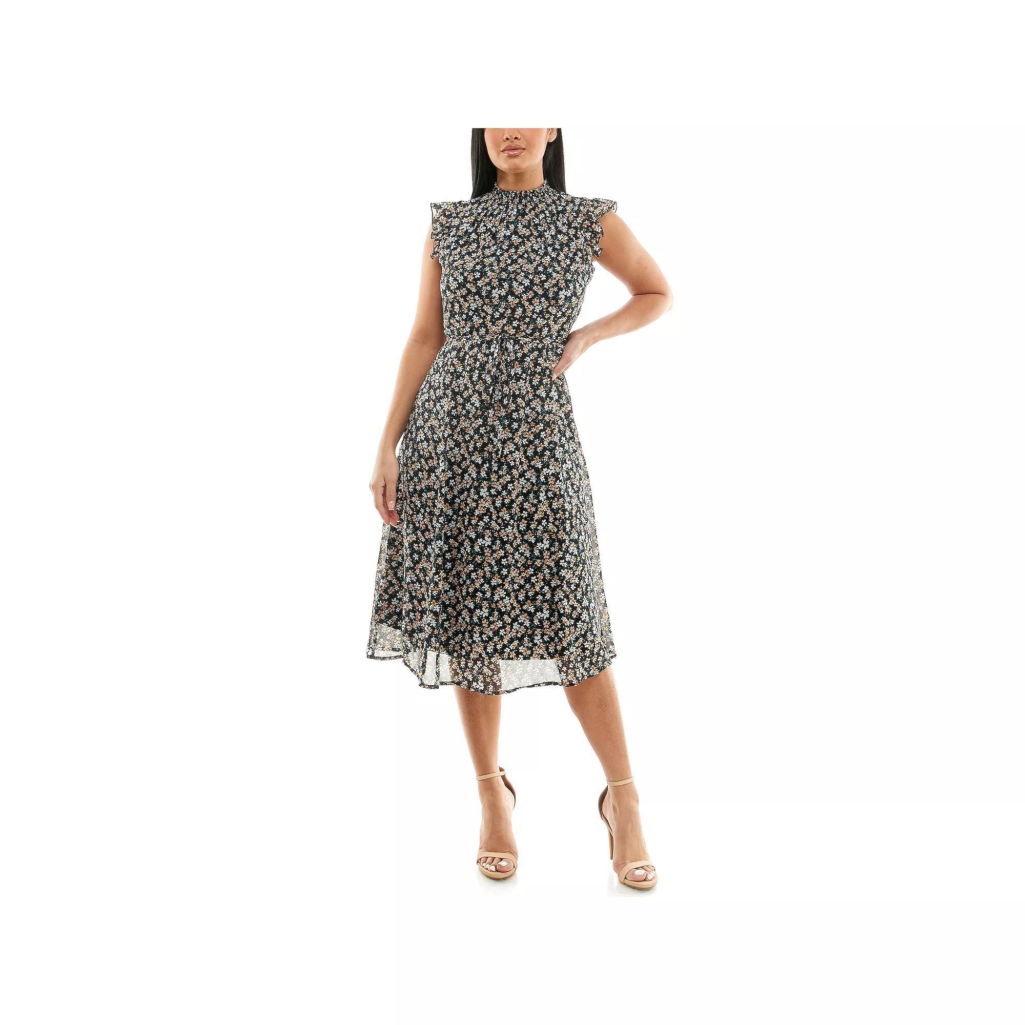 Womens Nina Leonard Smocked Flutter Sleeve Print Dress Product Image