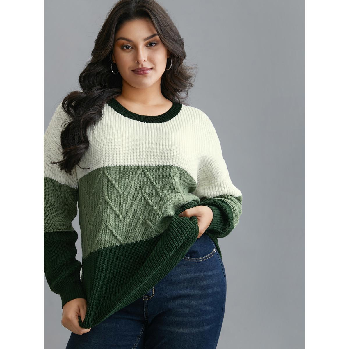 Plus Size Textured Color Block Round Neck Pullover DarkGreen Women Casual Loose Long Sleeve Round Neck Everyday Pullovers BloomChic 28/5X Product Image