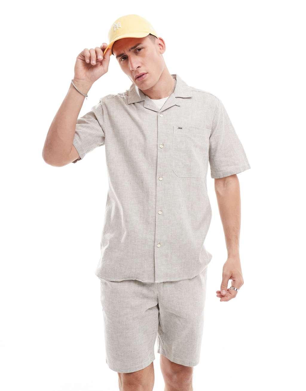 ONLY & SONS revere collar linen mix shirt in beige stripe - part of a set Product Image