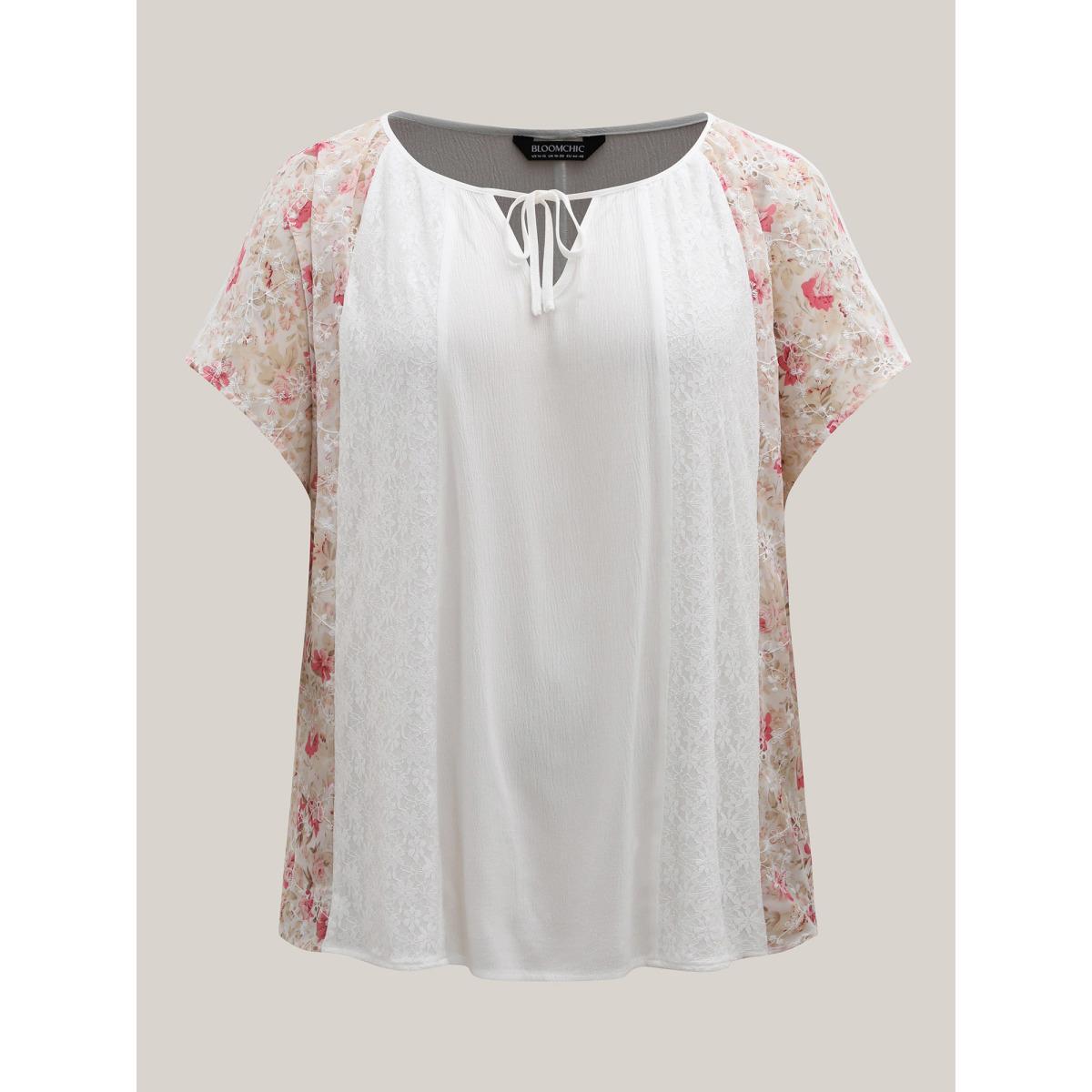 Plus Size Originalwhite Floral Print Panel Sheer Keyhole Blouse Women Short sleeve Round Neck Everyday-Elegant Blouses BloomChic 30/6X Product Image