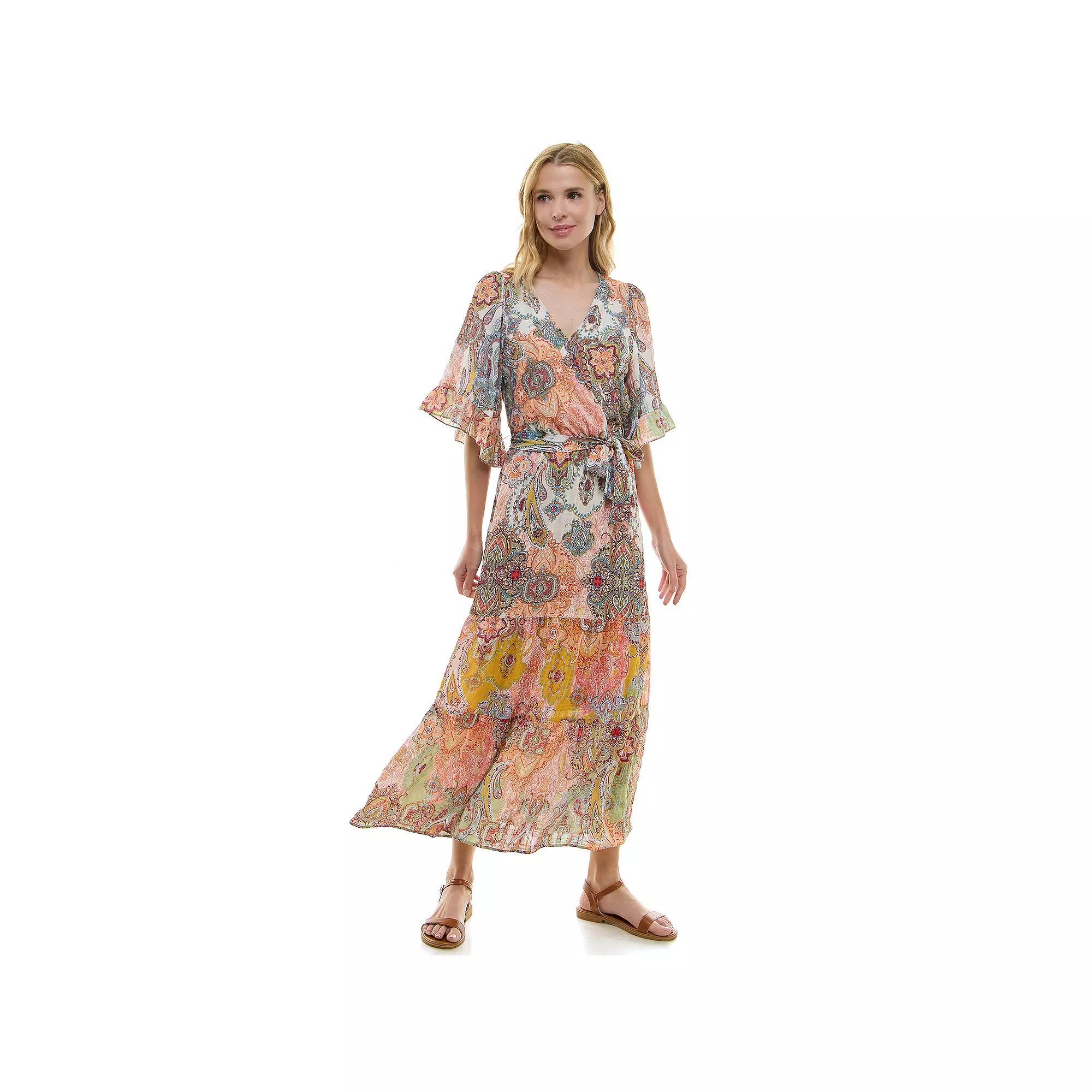 Women's Figueroa & Flower Flutter Sleeve Tiered Maxi Dress, Size: Large, Ivory Pink Product Image