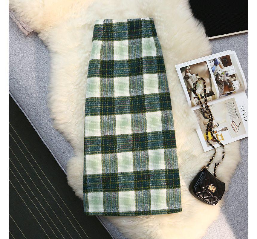Elastic Waist Plaid Slit Midi A-Line Skirt Product Image