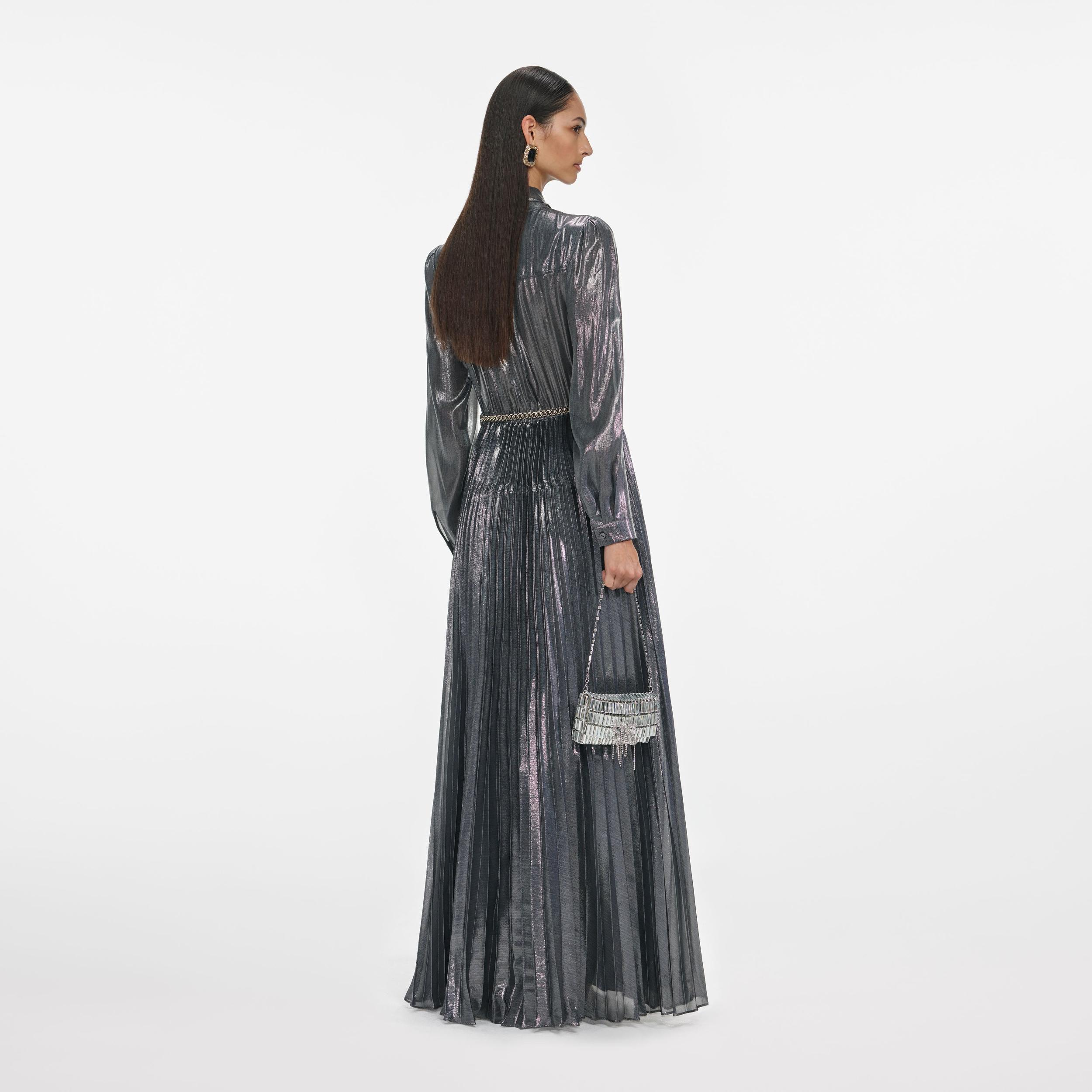 Grey Metallic Pussy Bow Maxi Dress Product Image