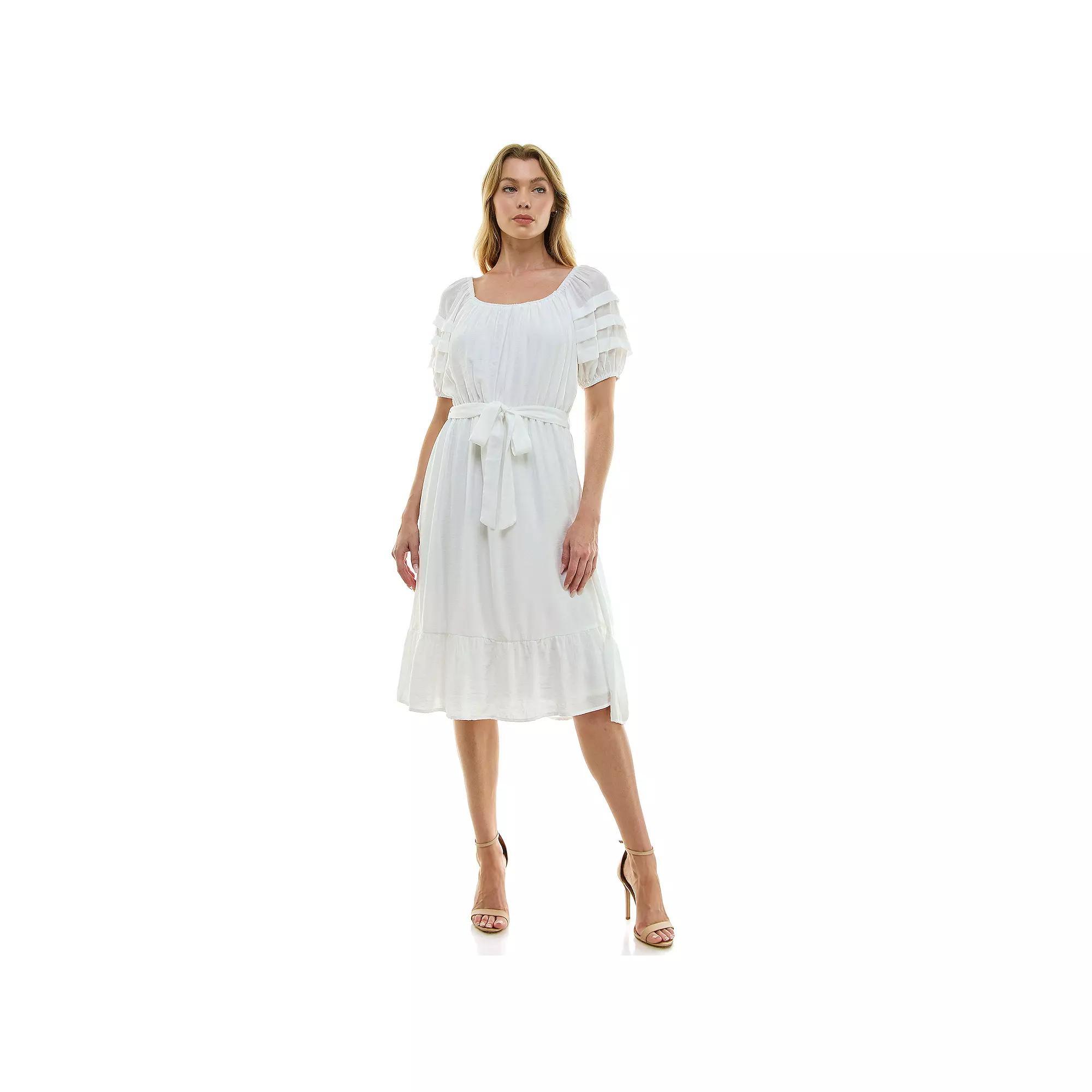 Women's Luxology Pleated Sleeve Belted Midi Dress, Size: Medium, Brown Product Image