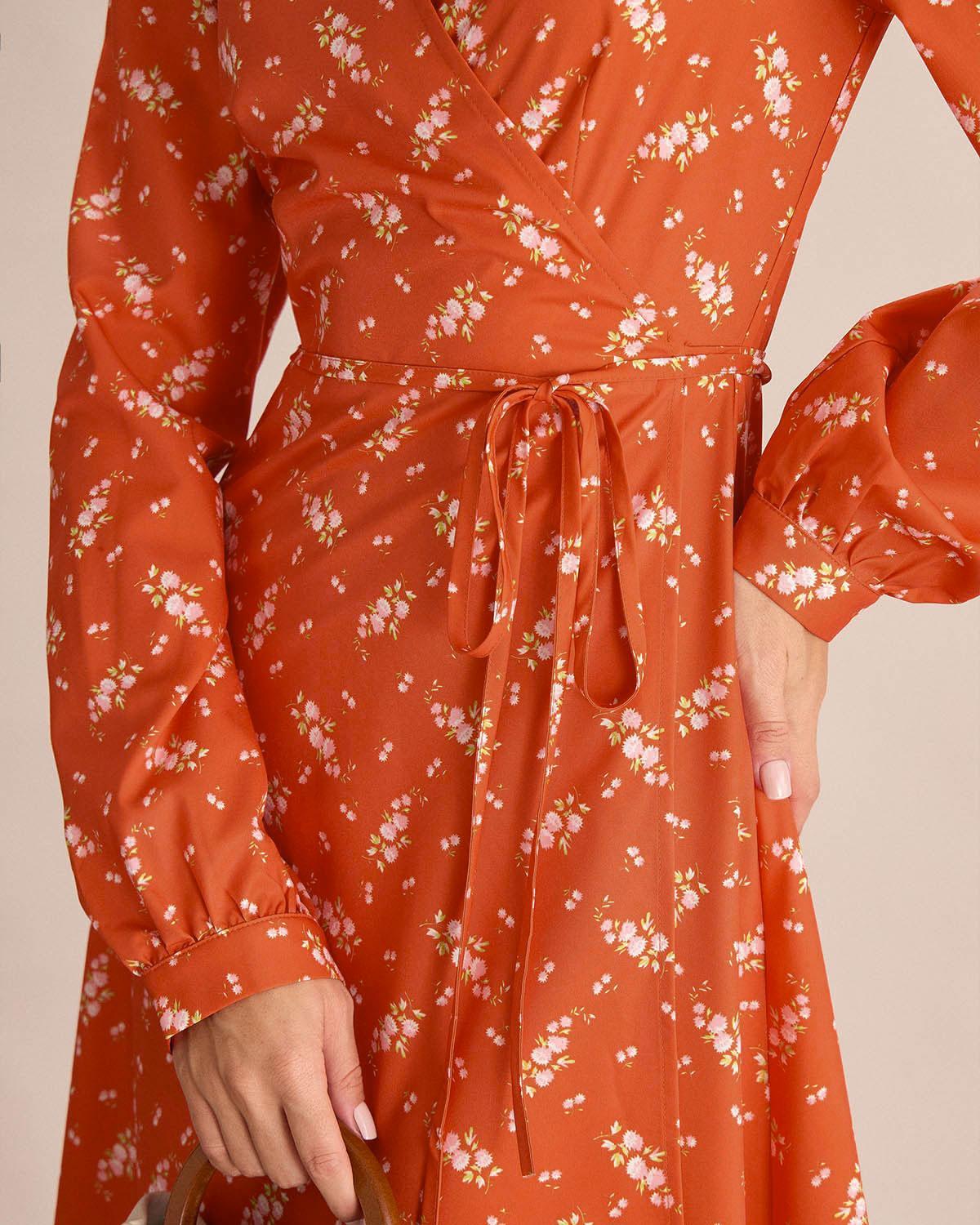Orange Floral Wrap Midi Dress Product Image