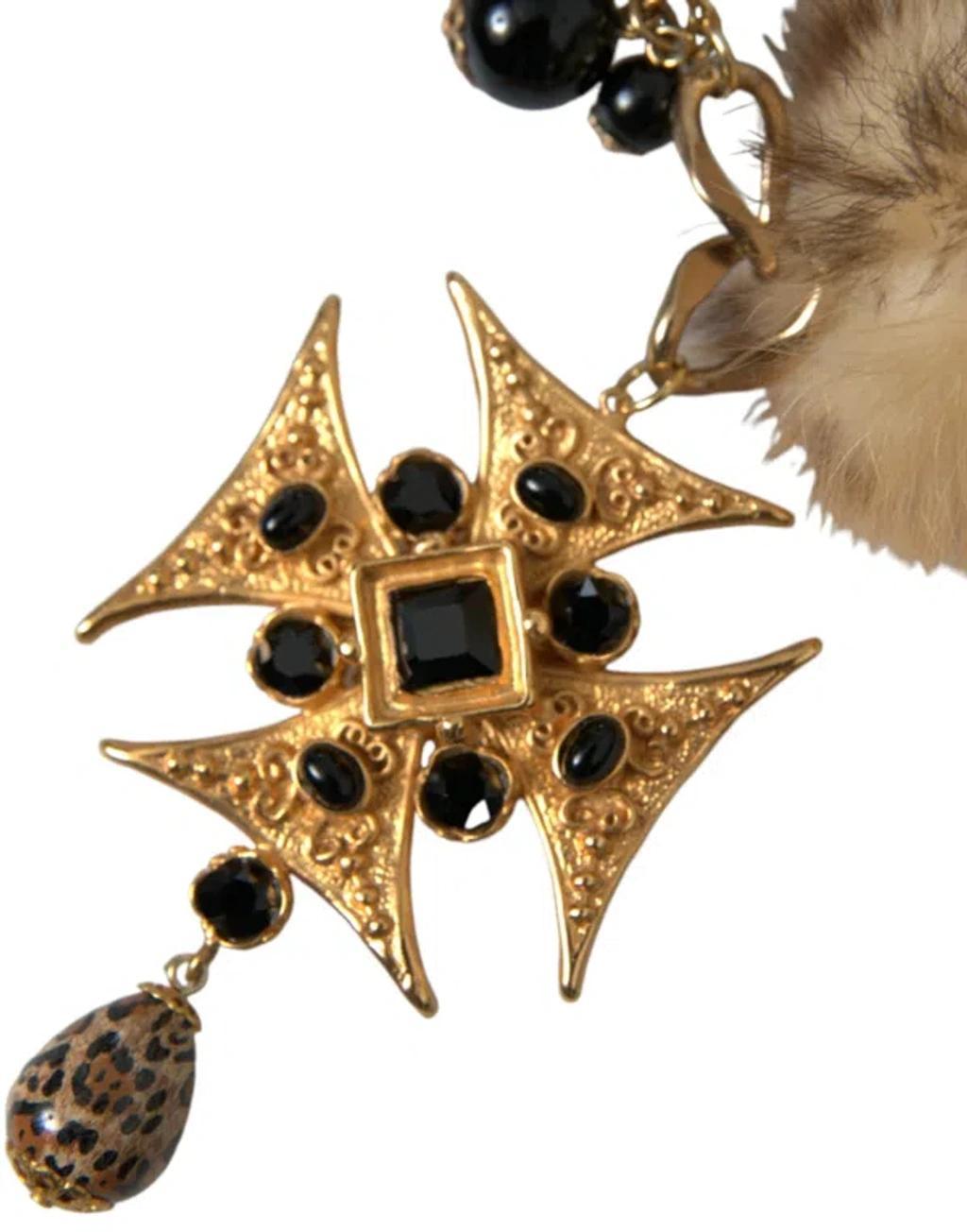 DOLCE & GABBANA Gold Black Crystals Lapin Fur Filigree Chocker Necklace Product Image