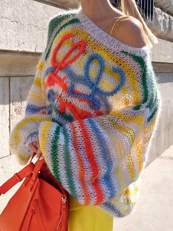 Rainbow Contrast Stripe Pullover Sweater Product Image