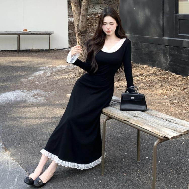 Long-Sleeve Off Shoulder Lace Trim Maxi A-Line Dress Product Image
