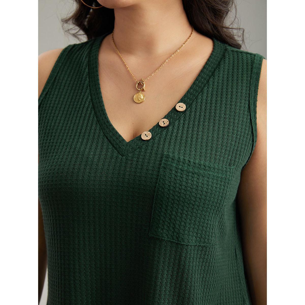Plus Size Waffle Knit V Neck Button Detail Cami Top Women Green Casual Waffle Knit V-neck Dailywear Tank Tops Camis BloomChic 26/4X Product Image