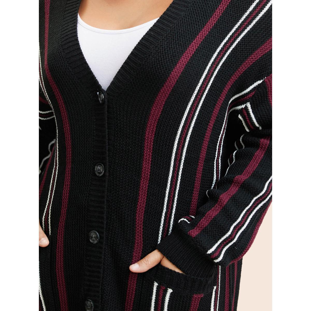 Plus Size Striped Patched Pocket Drop Shoulder Cardigan Black Women Casual Long Sleeve Everyday Cardigans BloomChic 12/L Product Image