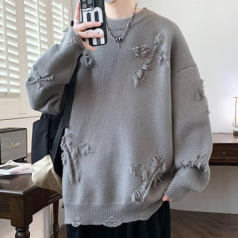 Crew Neck Plain Fringed Sweater Product Image