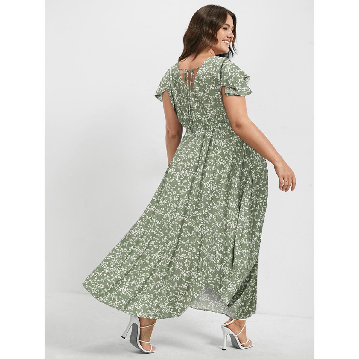 Plus Size V Neck Butterfly Pattern Split Dress LightGreen Women Elegant Gathered V-neck Cap Sleeve Curvy Midi Dress BloomChic 14/1X Product Image