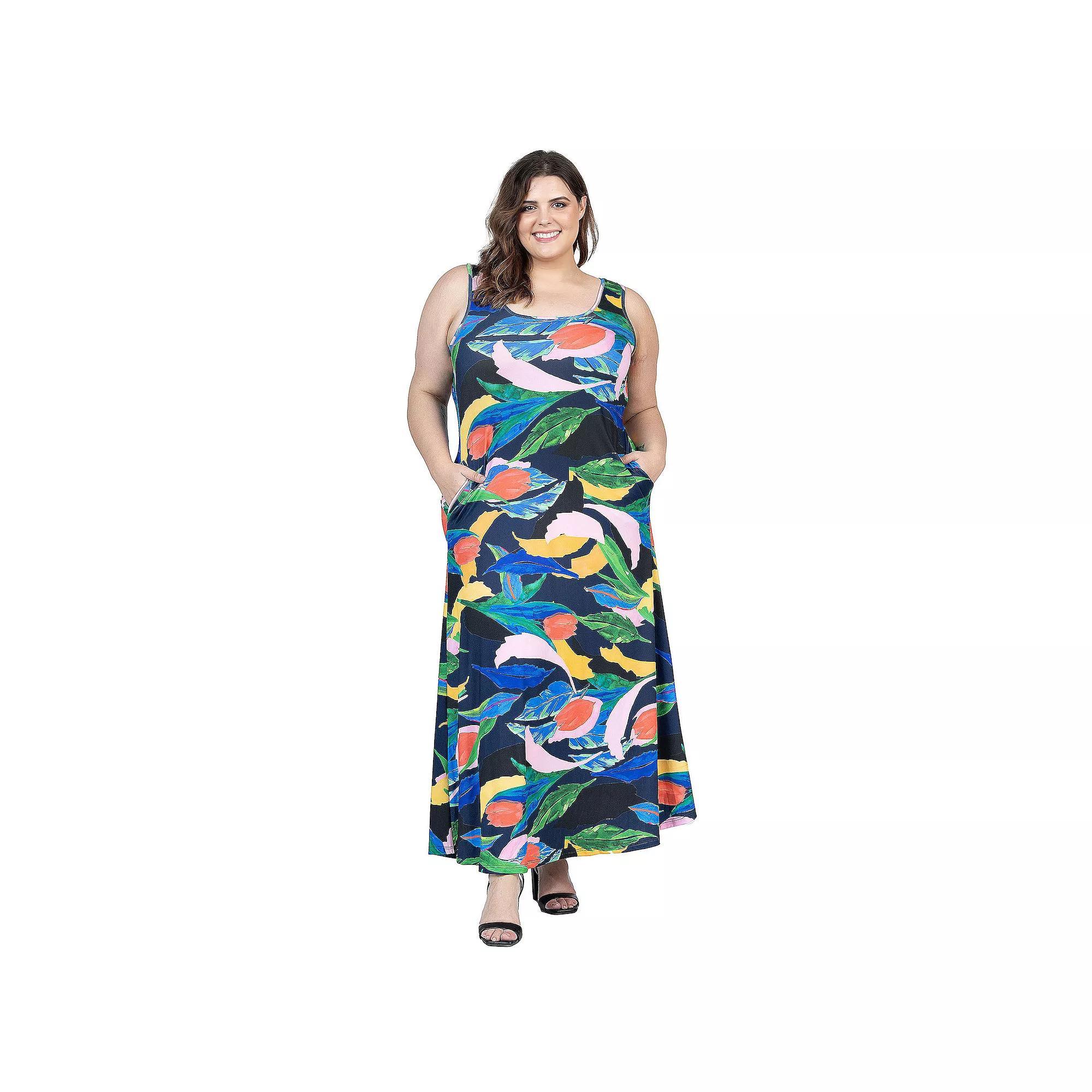 Plus Size 24Seven Comfort Apparel Floral Print Sleeveless Maxi Dress With Pockets, Women's, Size: 3XL, Black Team Product Image