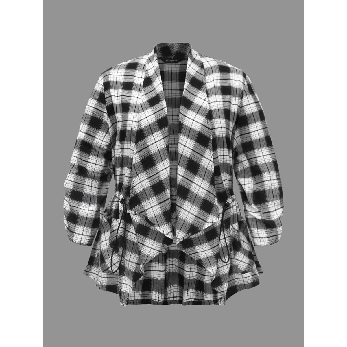 Plus Size Plaid Drawstring Patched Pocket Coat Women Black Elegant Drawstring Ladies Everyday Winter Coats BloomChic 14-16/1X Product Image
