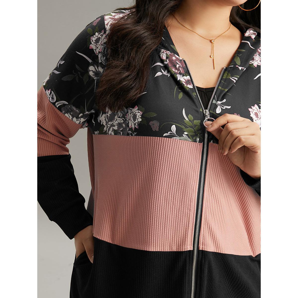 Plus Size Floral Colorblock Contrast O Ring Zipper Hooded Sweatshirt Women Black Casual Texture Hooded Dailywear Sweatshirts BloomChic 10/M Product Image