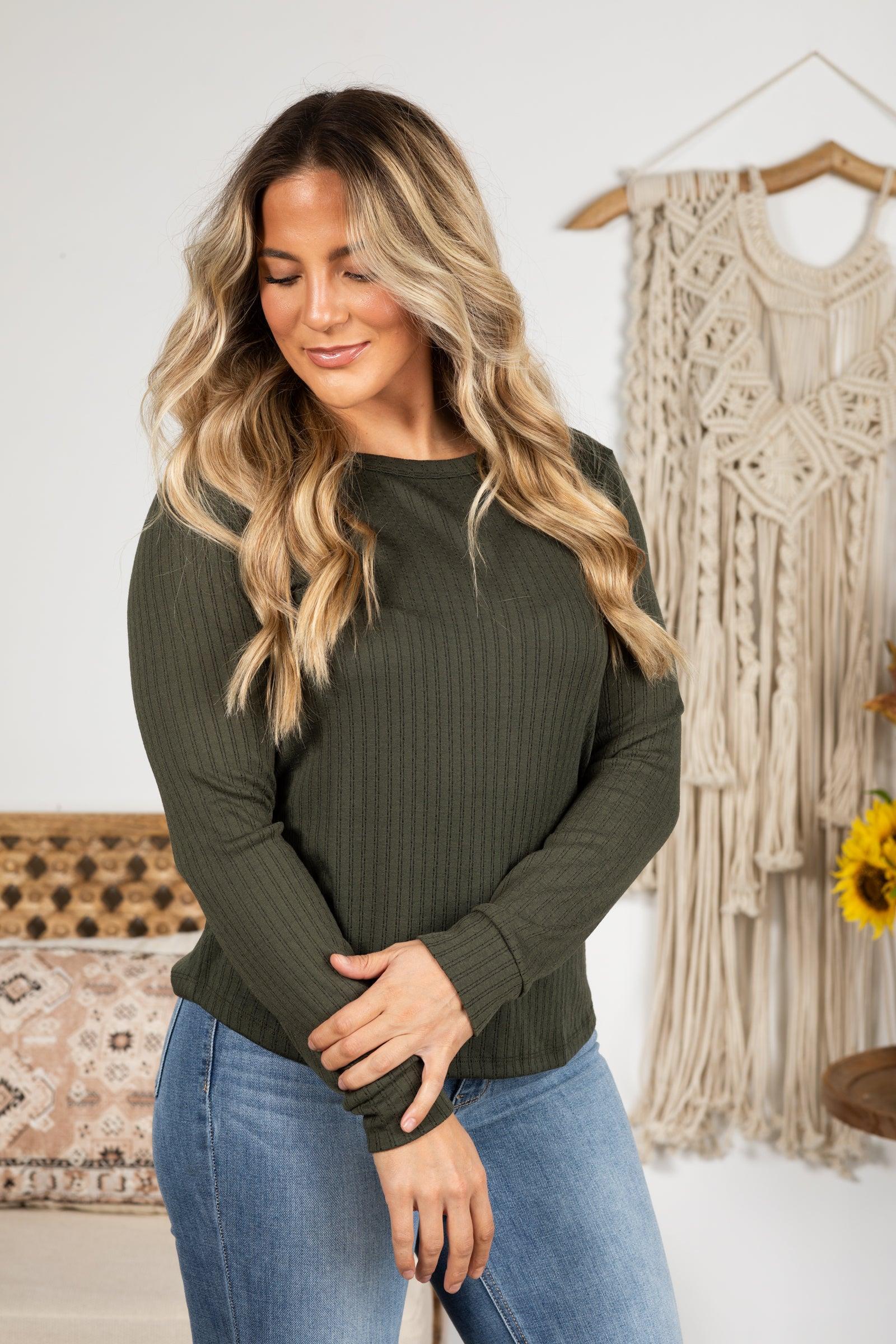 Crewneck Long Sleeve Pointelle Knit Top Product Image