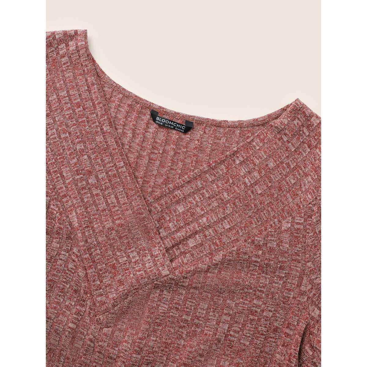 Plus Size Heather Plisse Long Sleeve T-shirt Russet Women Elegant Non Colorblock V-neck Everyday T-shirts BloomChic 18-20/2X Product Image