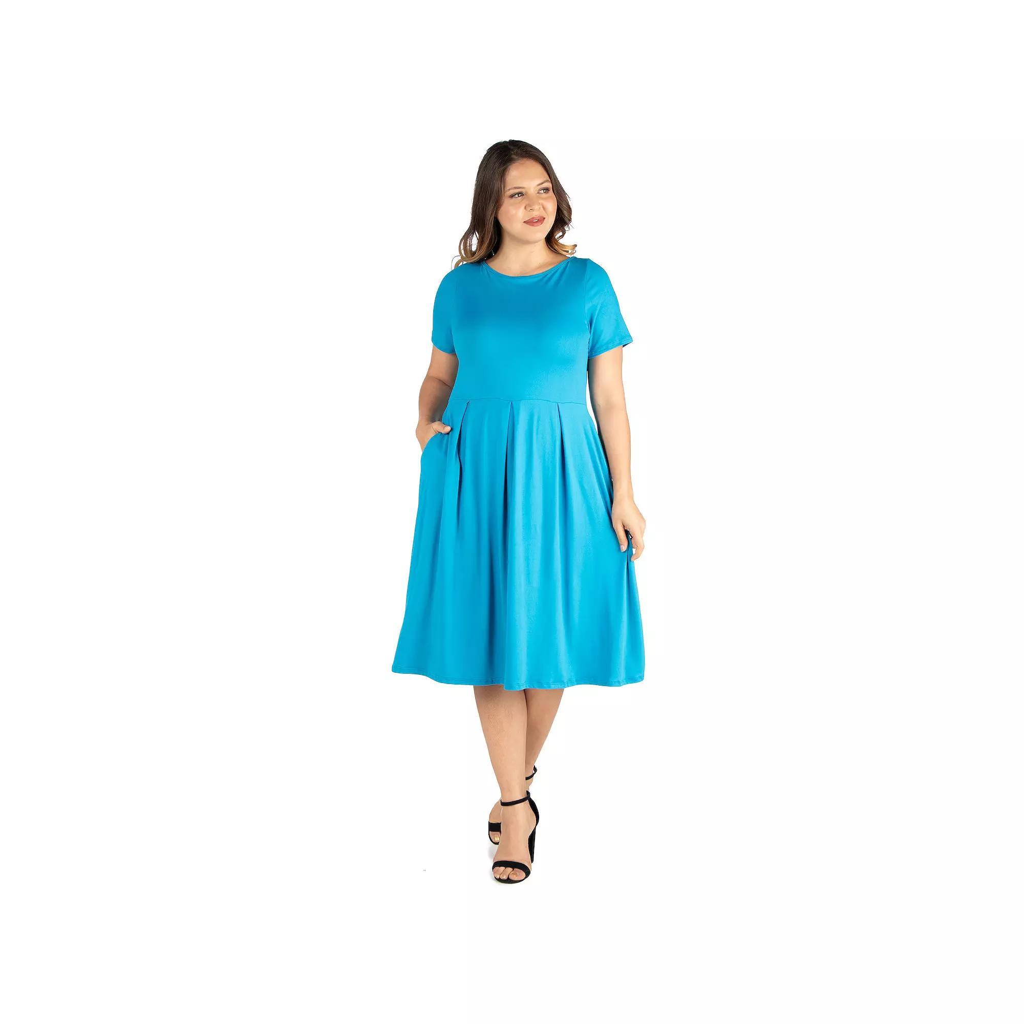 Plus Size 24seven Comfort Apparel Short Sleeve Midi Skater Dress With Pockets, Women's, Size: 3XL, Pink Product Image