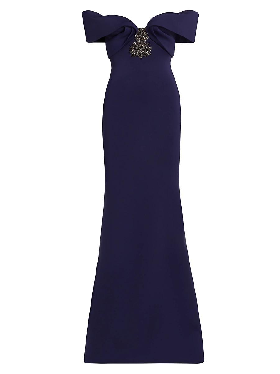 Womens Embellished Scuba Off-The-Shoulder Gown Product Image